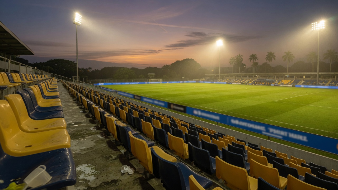 Yellow stadium seats at dusk looking down toward the Town Square pitch at Our Tampines Hub
