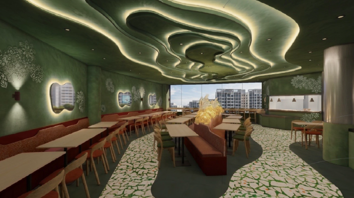 IM QALB by Pun Im interior with terraced paddy field ceiling design at Tampines Mall